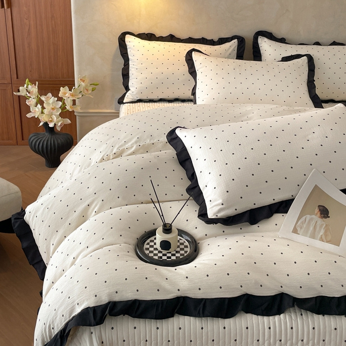 91家纺网 家纺一手货源 找家纺 同田家纺 2026新款云感双层纱花边床盖四件套 床盖-波点