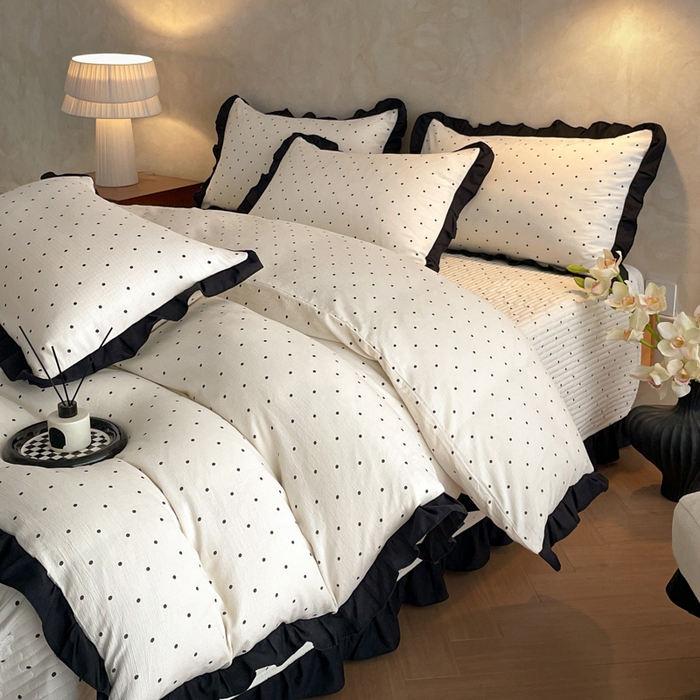 91家纺网 家纺一手货源 找家纺 同田家纺 2026新款云感双层纱花边床盖四件套 床盖-波点