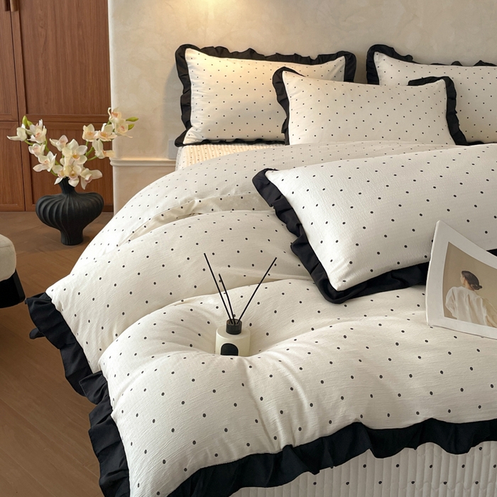 91家纺网 家纺一手货源 找家纺 同田家纺 2026新款云感双层纱花边床盖四件套 床盖-波点