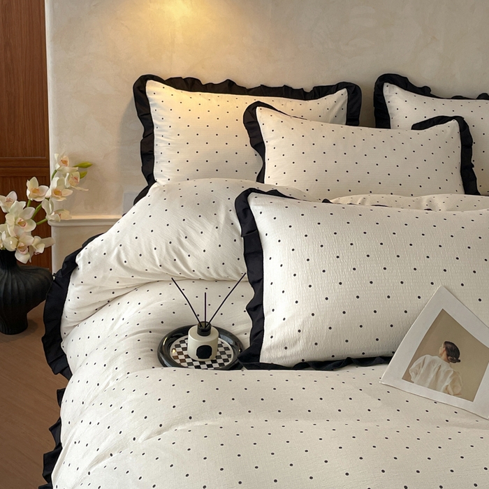 91家纺网 家纺一手货源 找家纺 同田家纺 2026新款云感双层纱花边床盖四件套 床盖-波点