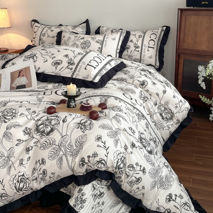 91家纺网 家纺一手货源 找家纺 同田家纺 2026新款云感双层纱花边床盖四件套 床盖-繁花序