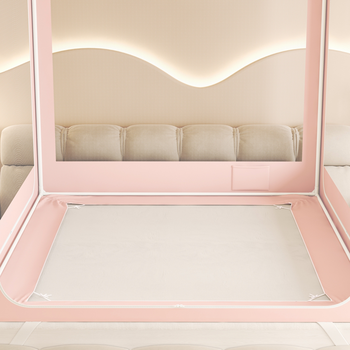 91家纺网 家纺一手货源 找家纺 （总）初心家纺 2026新款时尚ins拉链式防摔坐床 床帘款遮光蚊帐