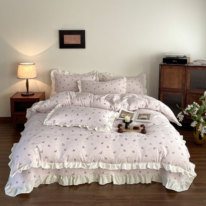 同田家纺 2026新款云感双层纱花边床盖四件套 床盖-粉红木马