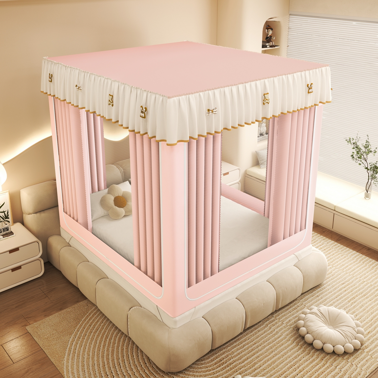 91家纺网 家纺一手货源 找家纺 初心家纺 2026新款时尚ins拉链式防摔坐床 床帘款遮光蚊帐 粉玉（带帘）