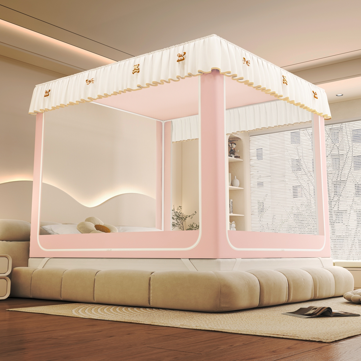 91家纺网 家纺一手货源 找家纺 初心家纺 2026新款时尚ins拉链式防摔坐床 床帘款遮光蚊帐 粉玉（无帘）