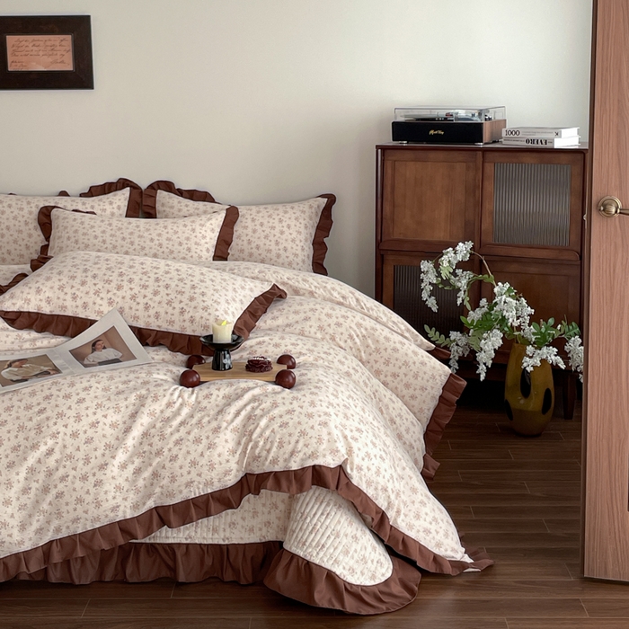 91家纺网 家纺一手货源 找家纺 同田家纺 2026新款云感双层纱花边床盖四件套 床盖-褐芳集