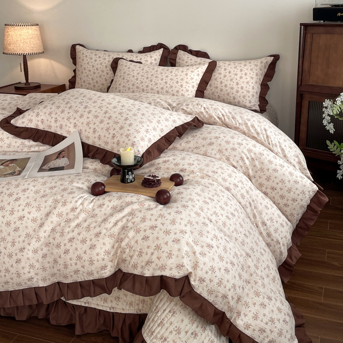 91家纺网 家纺一手货源 找家纺 同田家纺 2026新款云感双层纱花边床盖四件套 床盖-褐芳集