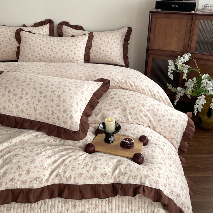 91家纺网 家纺一手货源 找家纺 同田家纺 2026新款云感双层纱花边床盖四件套 床盖-褐芳集