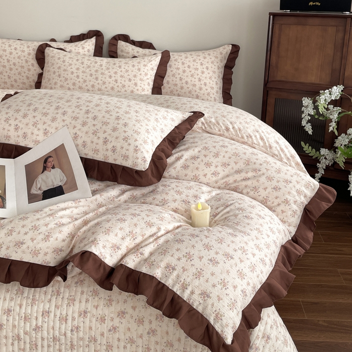 91家纺网 家纺一手货源 找家纺 同田家纺 2026新款云感双层纱花边床盖四件套 床盖-褐芳集