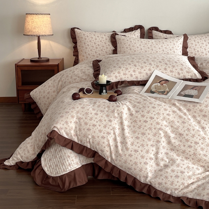 91家纺网 家纺一手货源 找家纺 同田家纺 2026新款云感双层纱花边床盖四件套 床盖-褐芳集