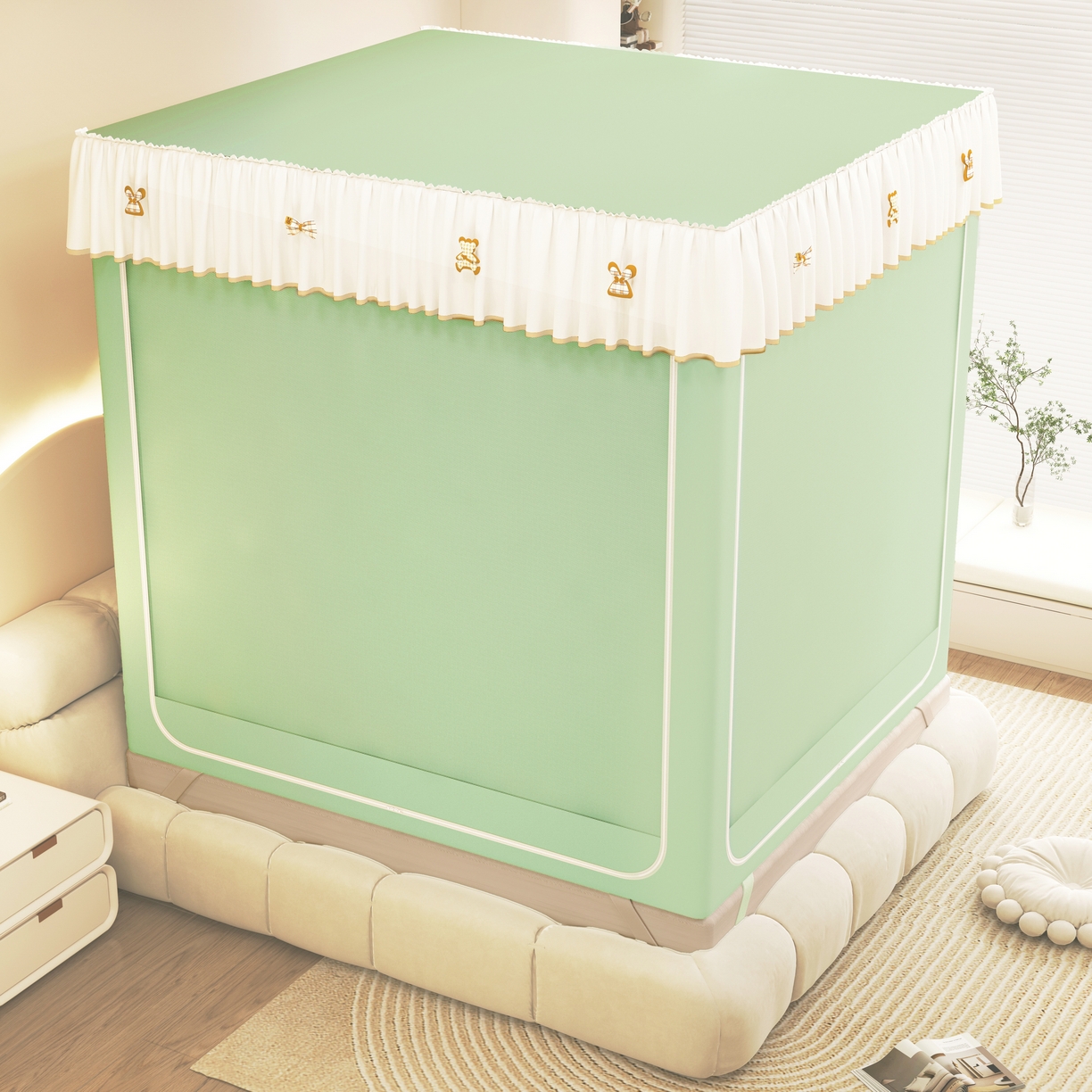 91家纺网 家纺一手货源 找家纺 初心家纺 2026新款时尚ins拉链式防摔坐床 床帘款遮光蚊帐 果绿（带帘）