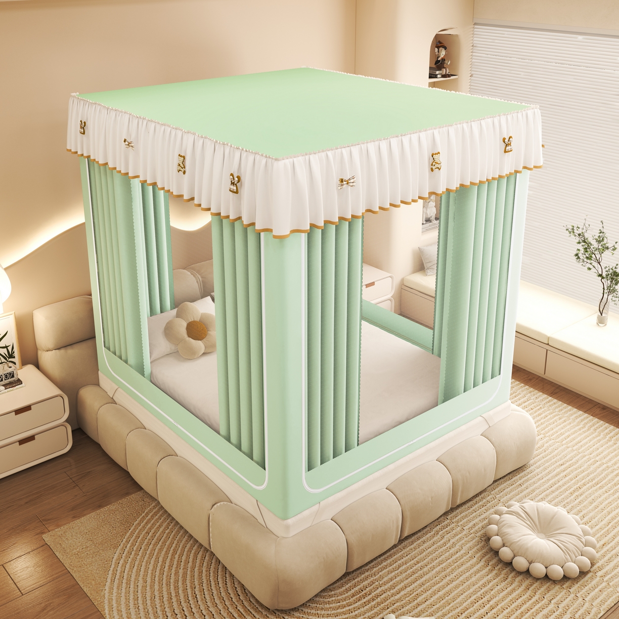 91家纺网 家纺一手货源 找家纺 初心家纺 2026新款时尚ins拉链式防摔坐床 床帘款遮光蚊帐 果绿（带帘）