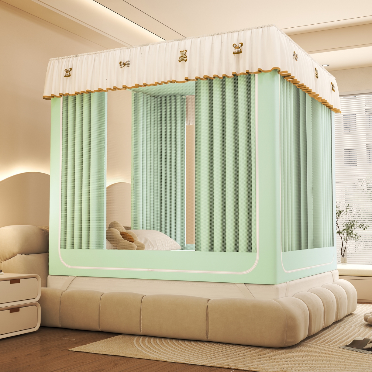 91家纺网 家纺一手货源 找家纺 初心家纺 2026新款时尚ins拉链式防摔坐床 床帘款遮光蚊帐 果绿（带帘）