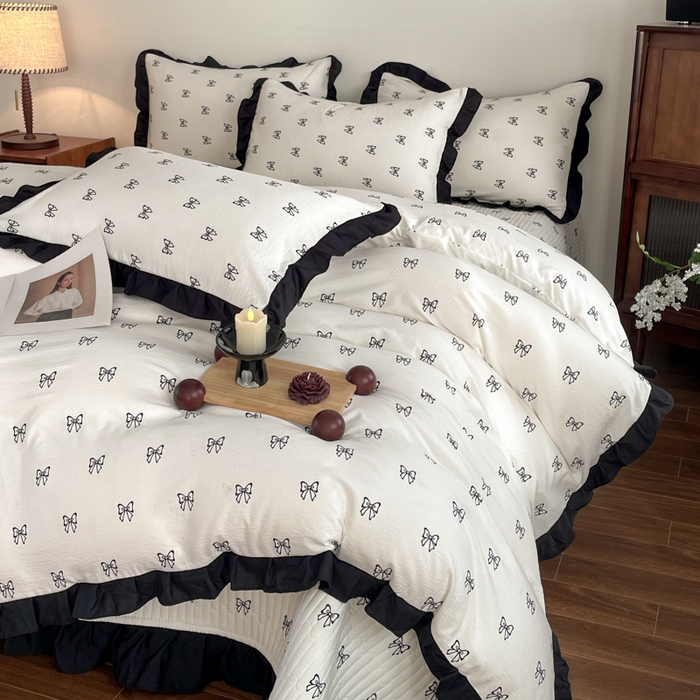 91家纺网 家纺一手货源 找家纺 同田家纺 2026新款云感双层纱花边床盖四件套 床盖-蝴蝶结