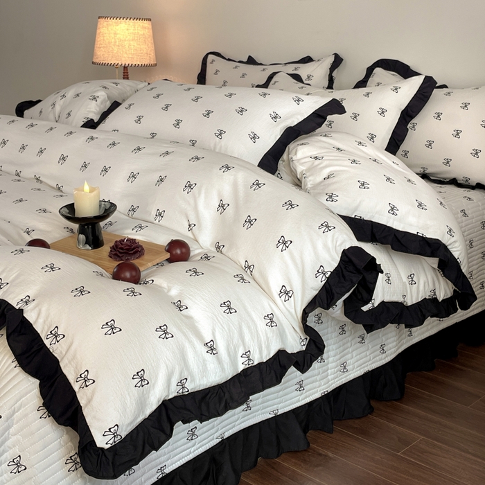 91家纺网 家纺一手货源 找家纺 同田家纺 2026新款云感双层纱花边床盖四件套 床盖-蝴蝶结