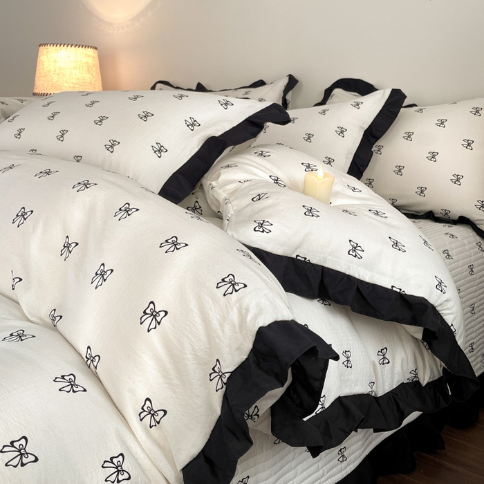 91家纺网 家纺一手货源 找家纺 同田家纺 2026新款云感双层纱花边床盖四件套 床盖-蝴蝶结