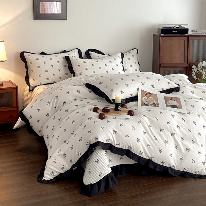 91家纺网 家纺一手货源 找家纺 同田家纺 2026新款云感双层纱花边床盖四件套 床盖-蝴蝶结