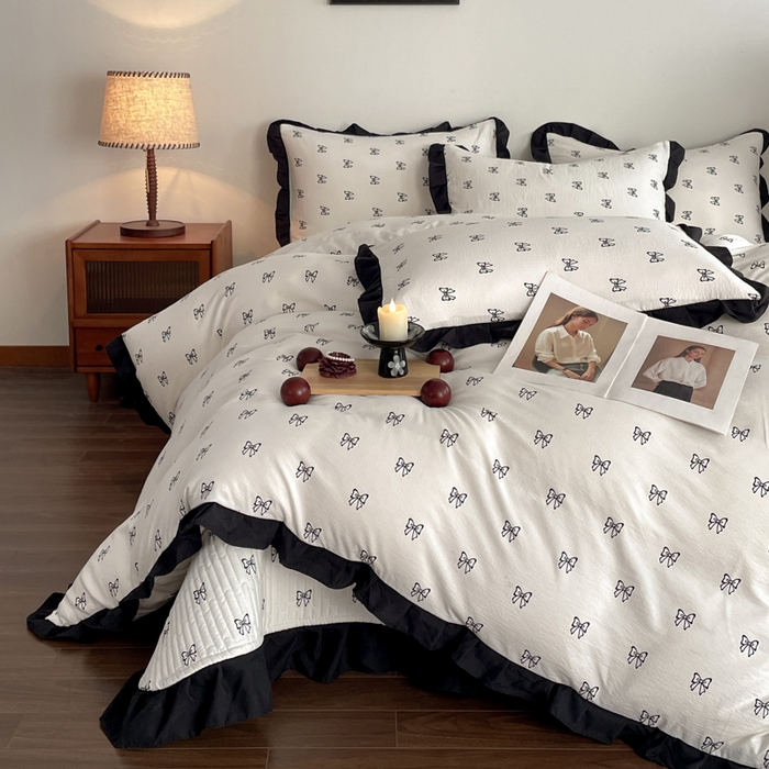 91家纺网 家纺一手货源 找家纺 同田家纺 2026新款云感双层纱花边床盖四件套 床盖-蝴蝶结