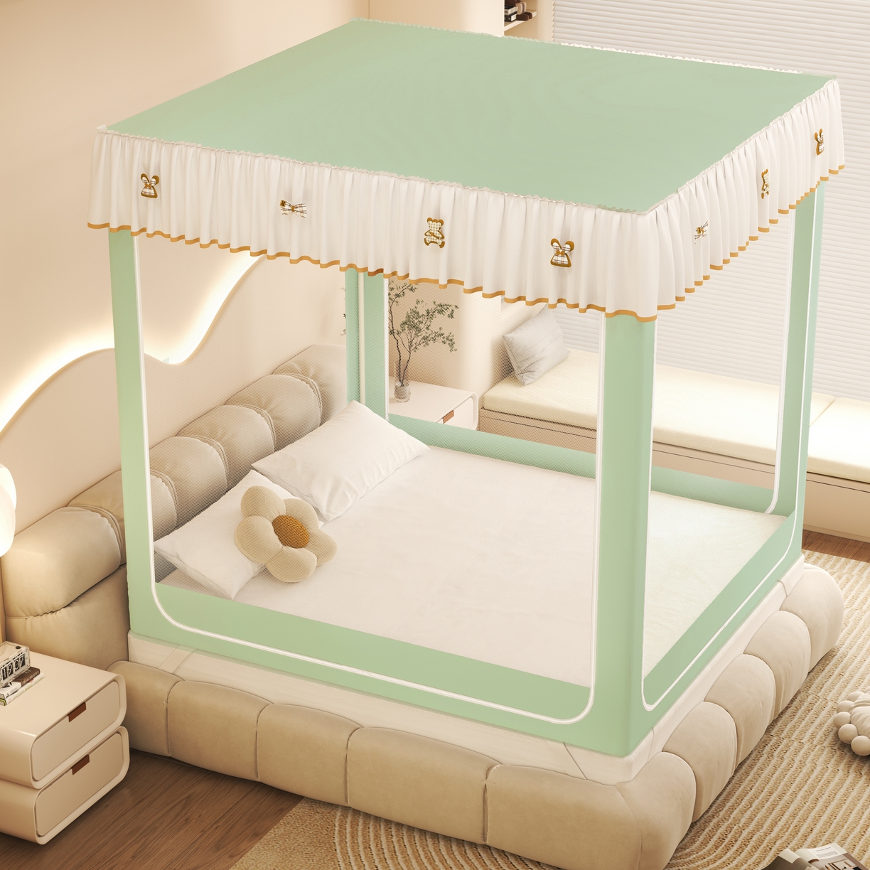 初心家纺 2026新款时尚ins拉链式防摔坐床 床帘款遮光蚊帐 果绿（无帘）