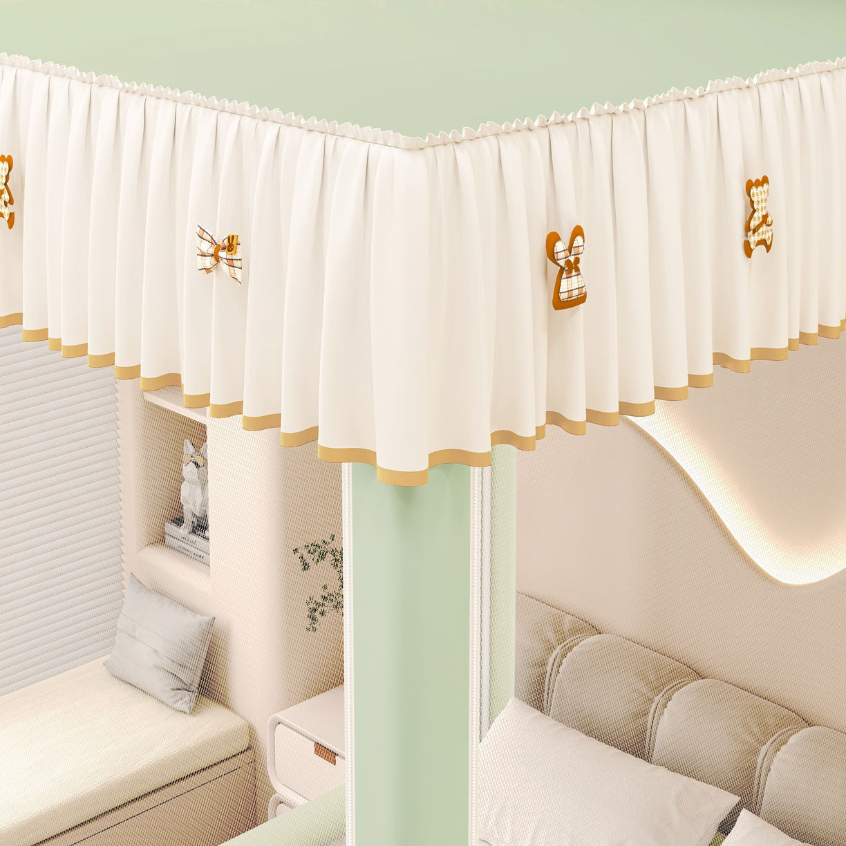 91家纺网 家纺一手货源 找家纺 初心家纺 2026新款时尚ins拉链式防摔坐床 床帘款遮光蚊帐 果绿（无帘）