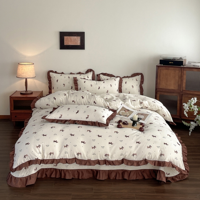 同田家纺 2026新款云感双层纱花边床盖四件套 床盖-腊肠狗