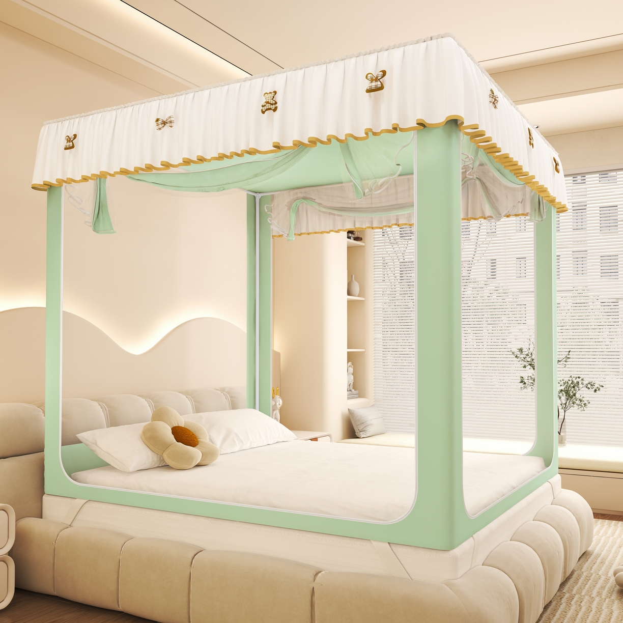 91家纺网 家纺一手货源 找家纺 初心家纺 2026新款时尚ins拉链式防摔坐床 床帘款遮光蚊帐 果绿（无帘）