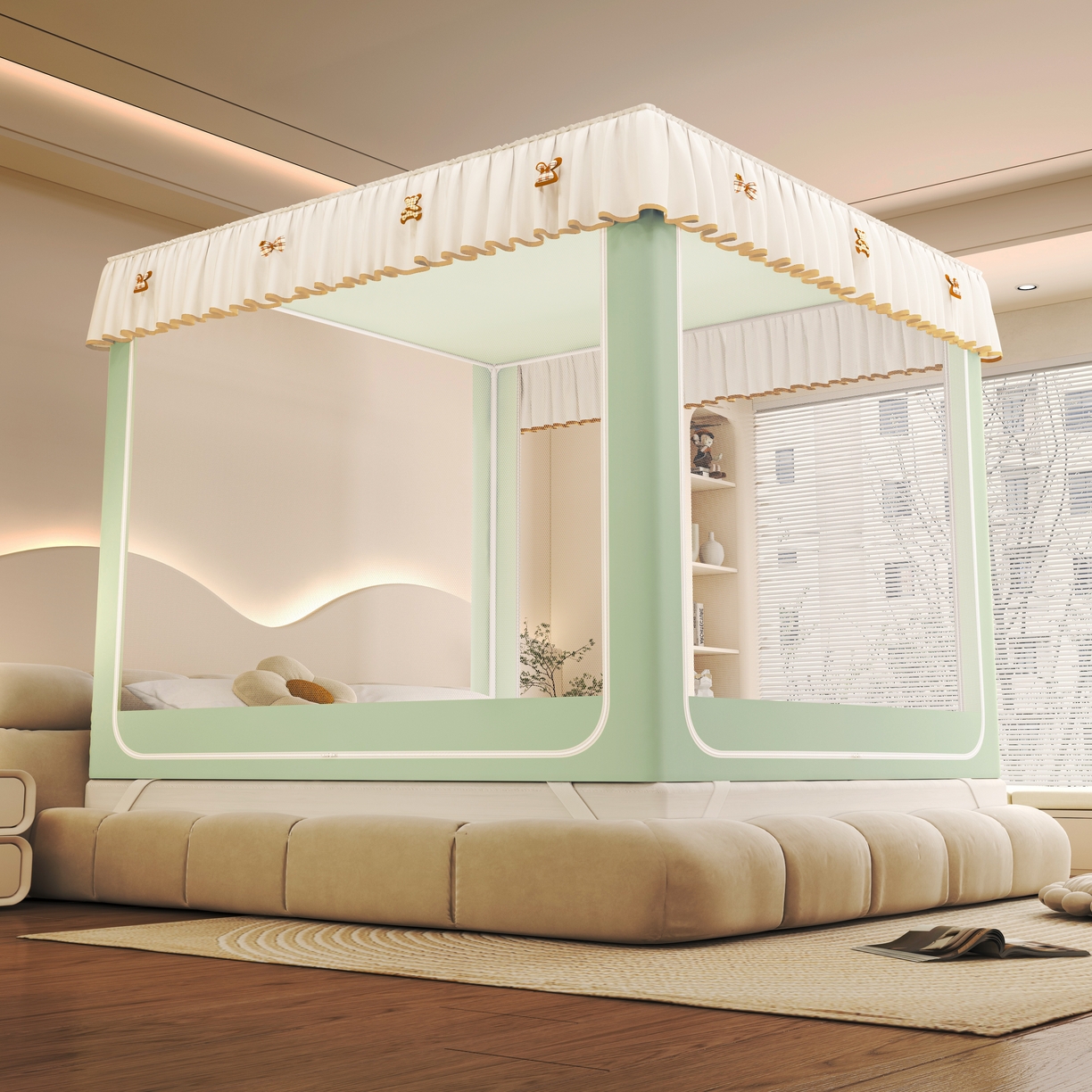 91家纺网 家纺一手货源 找家纺 初心家纺 2026新款时尚ins拉链式防摔坐床 床帘款遮光蚊帐 果绿（无帘）