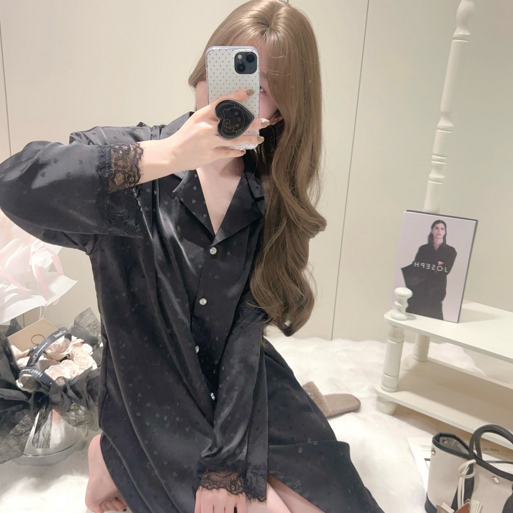 91家纺网 家纺一手货源 找家纺 妍景家居生活馆 2026春夏新款冰雪丝-纯白烫钻衬衫裙家居服 烫钻衬衫裙-黑色