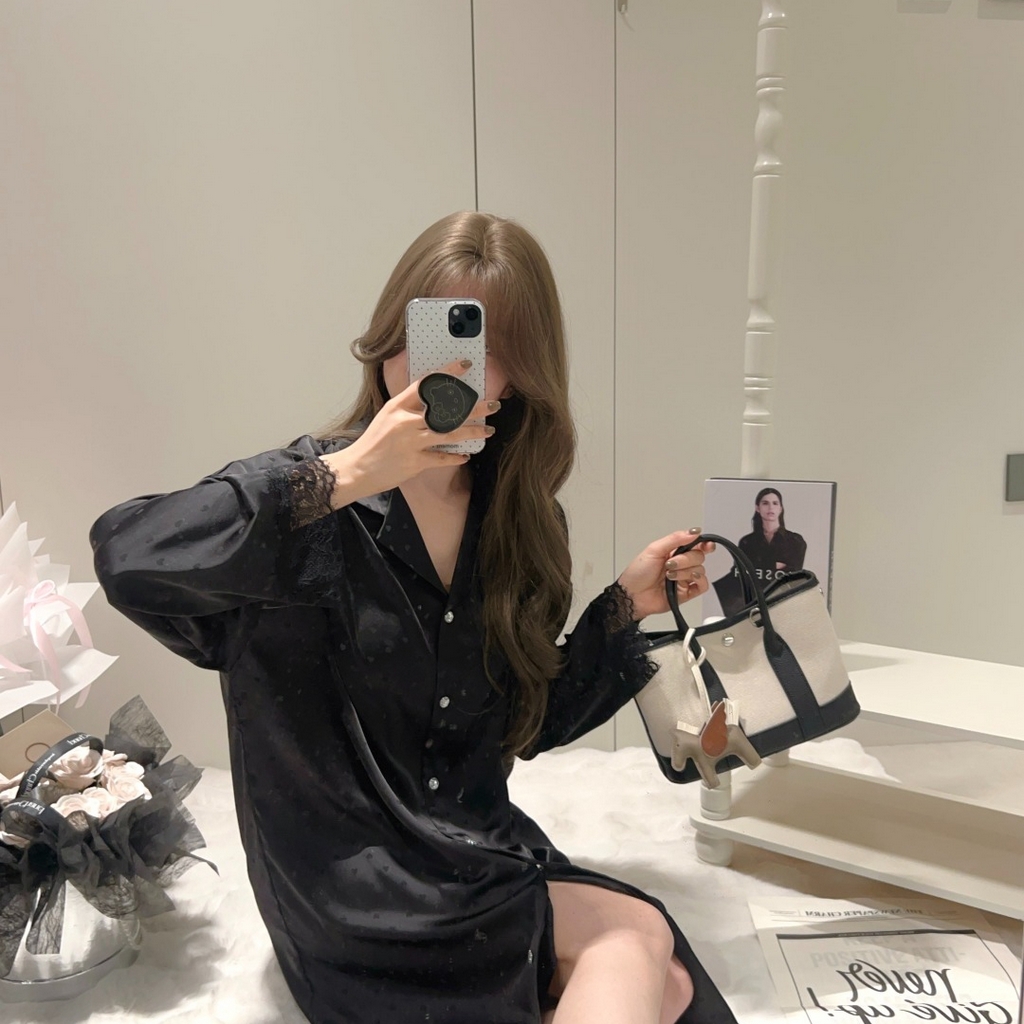 91家纺网 家纺一手货源 找家纺 妍景家居生活馆 2026春夏新款冰雪丝-纯白烫钻衬衫裙家居服 烫钻衬衫裙-黑色