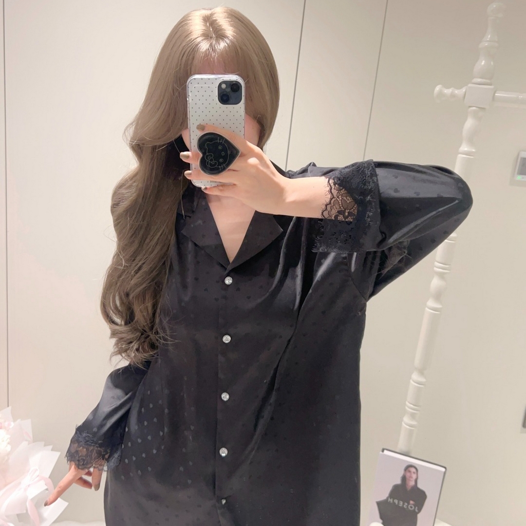 91家纺网 家纺一手货源 找家纺 妍景家居生活馆 2026春夏新款冰雪丝-纯白烫钻衬衫裙家居服 烫钻衬衫裙-黑色