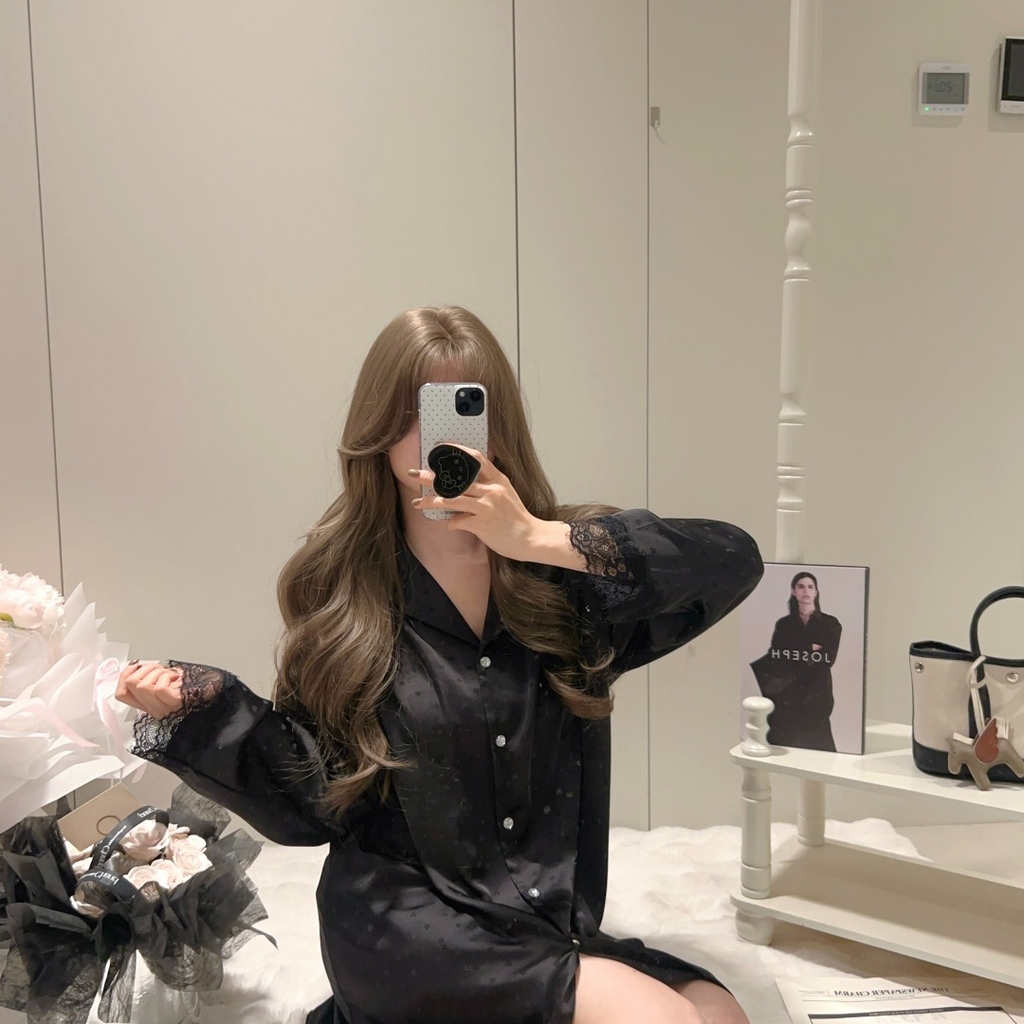 91家纺网 家纺一手货源 找家纺 妍景家居生活馆 2026春夏新款冰雪丝-纯白烫钻衬衫裙家居服 烫钻衬衫裙-黑色