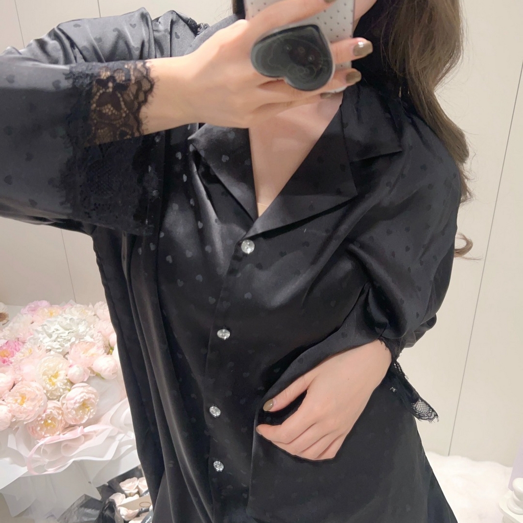 91家纺网 家纺一手货源 找家纺 妍景家居生活馆 2026春夏新款冰雪丝-纯白烫钻衬衫裙家居服 烫钻衬衫裙-黑色