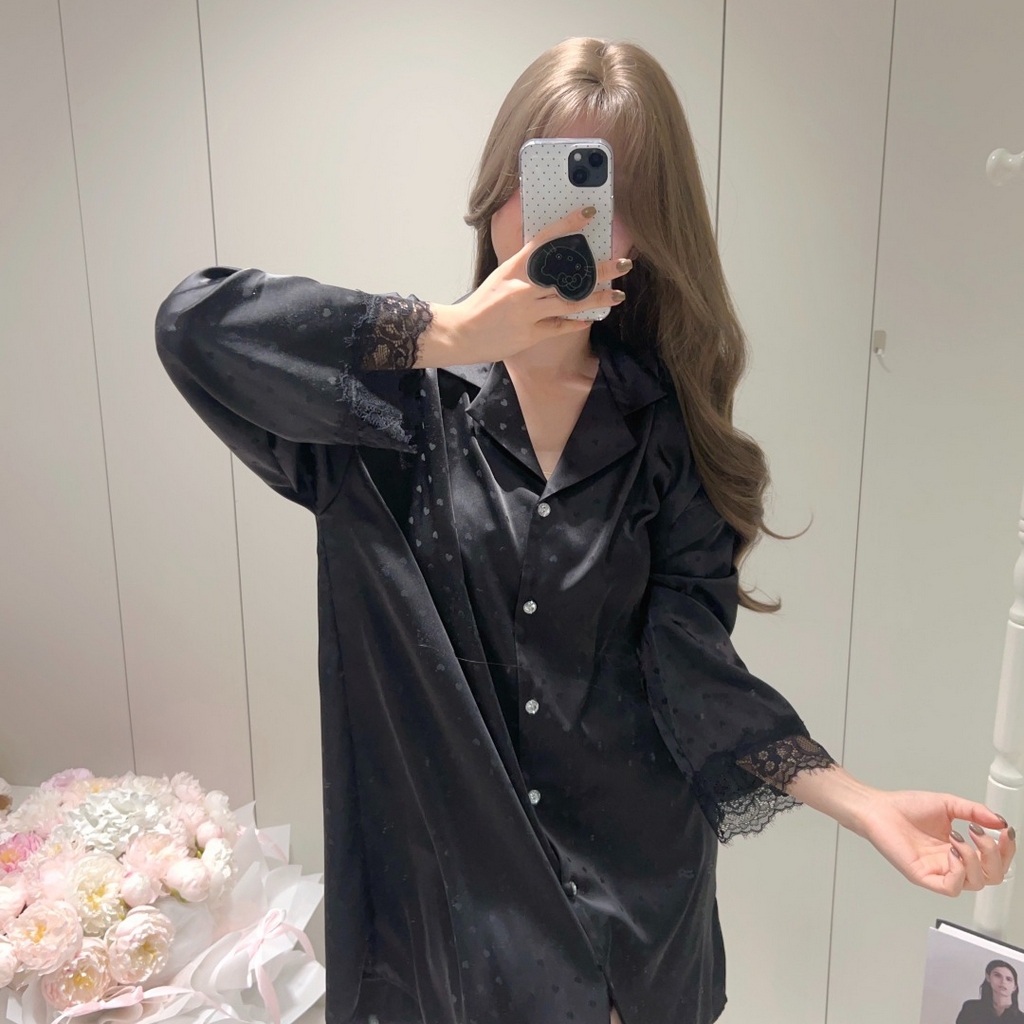 91家纺网 家纺一手货源 找家纺 妍景家居生活馆 2026春夏新款冰雪丝-纯白烫钻衬衫裙家居服 烫钻衬衫裙-黑色