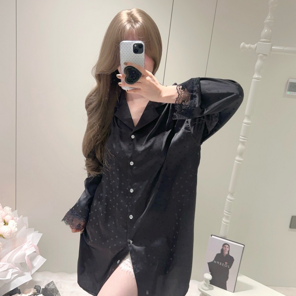 91家纺网 家纺一手货源 找家纺 妍景家居生活馆 2026春夏新款冰雪丝-纯白烫钻衬衫裙家居服 烫钻衬衫裙-黑色