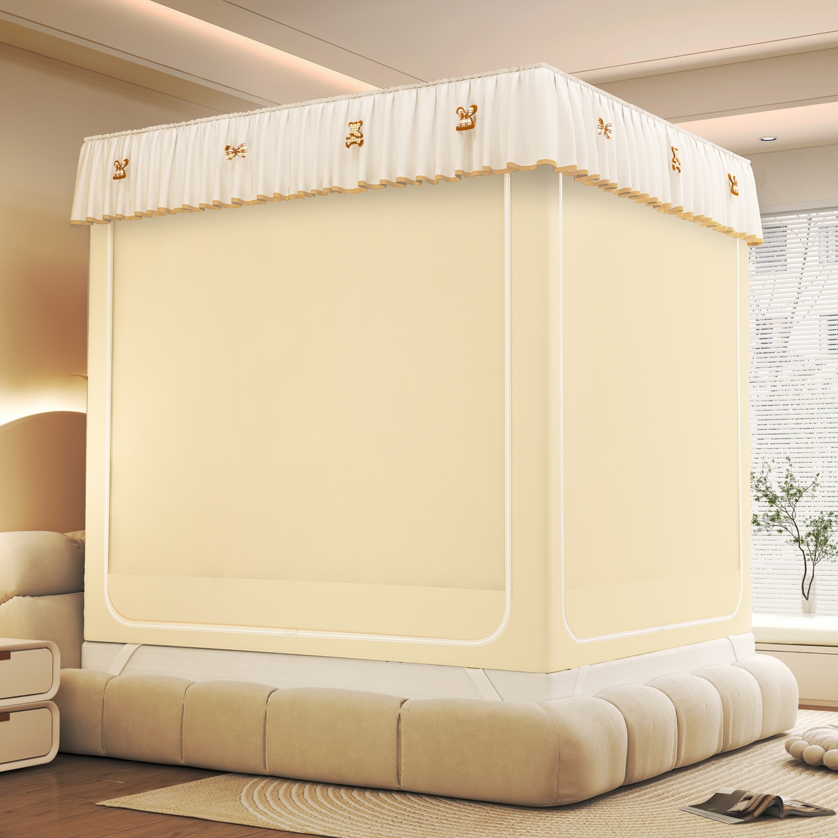 91家纺网 家纺一手货源 找家纺 初心家纺 2026新款时尚ins拉链式防摔坐床 床帘款遮光蚊帐 米黄（带帘）