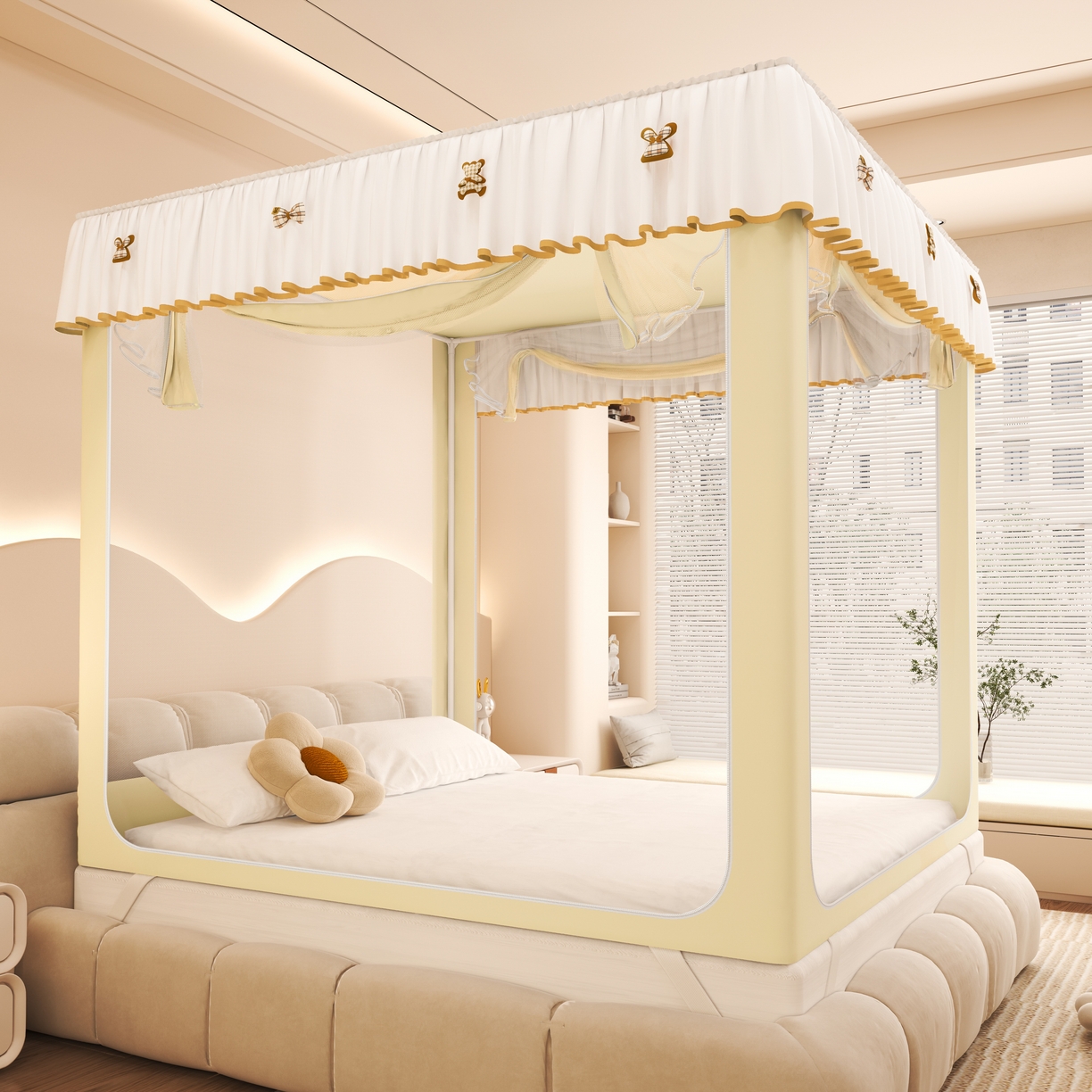 91家纺网 家纺一手货源 找家纺 初心家纺 2026新款时尚ins拉链式防摔坐床 床帘款遮光蚊帐 米黄（带帘）