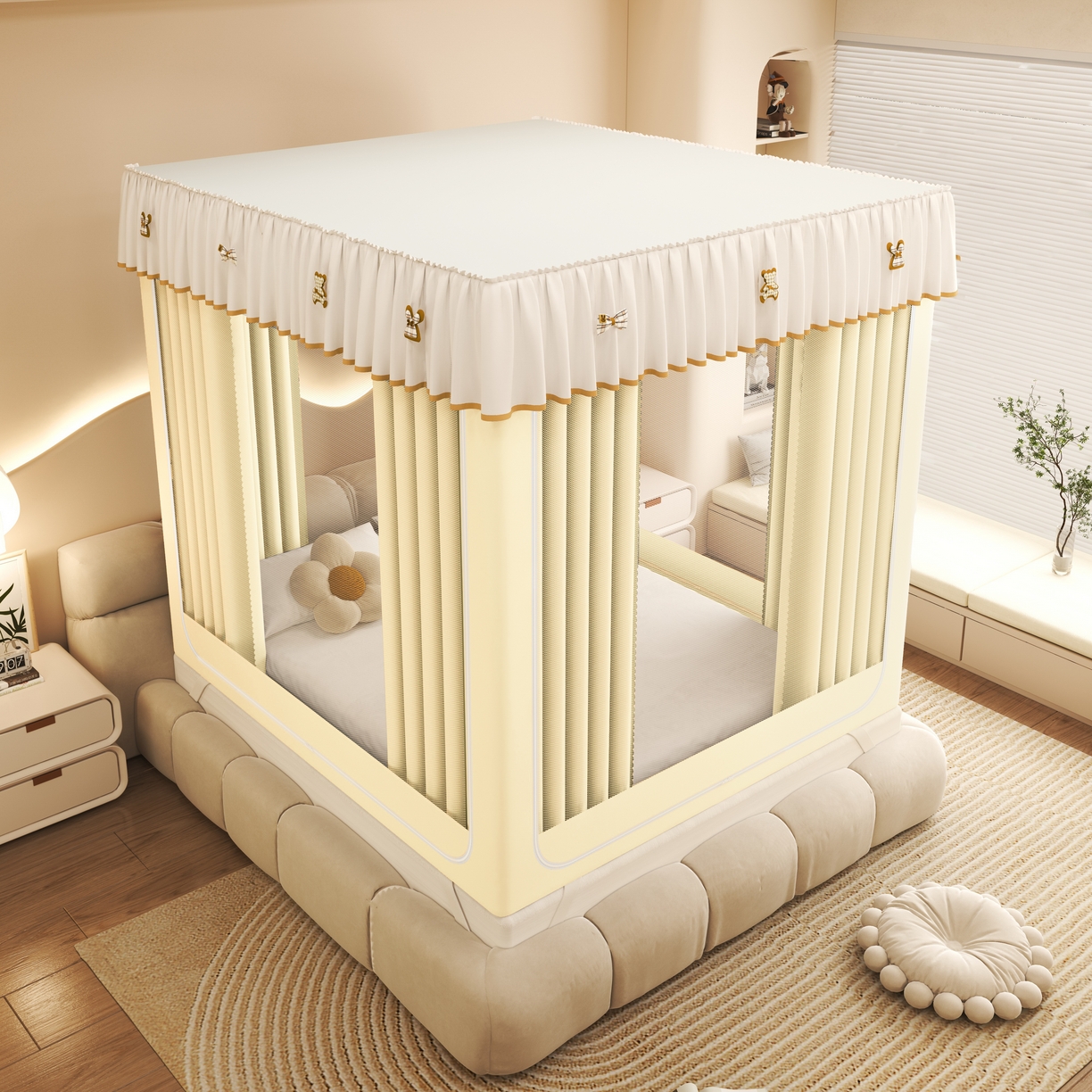 91家纺网 家纺一手货源 找家纺 初心家纺 2026新款时尚ins拉链式防摔坐床 床帘款遮光蚊帐 米黄（带帘）