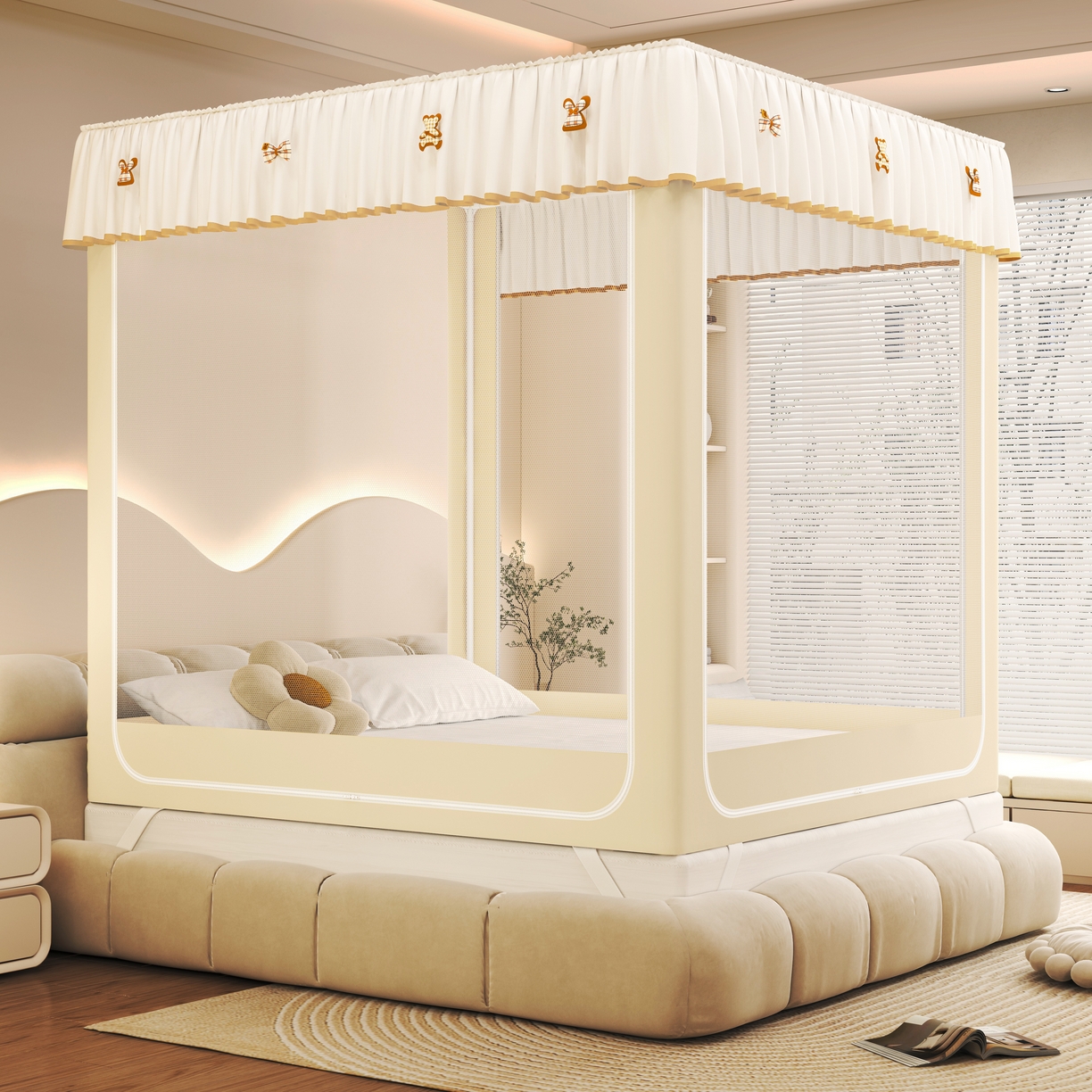 91家纺网 家纺一手货源 找家纺 初心家纺 2026新款时尚ins拉链式防摔坐床 床帘款遮光蚊帐 米黄（带帘）