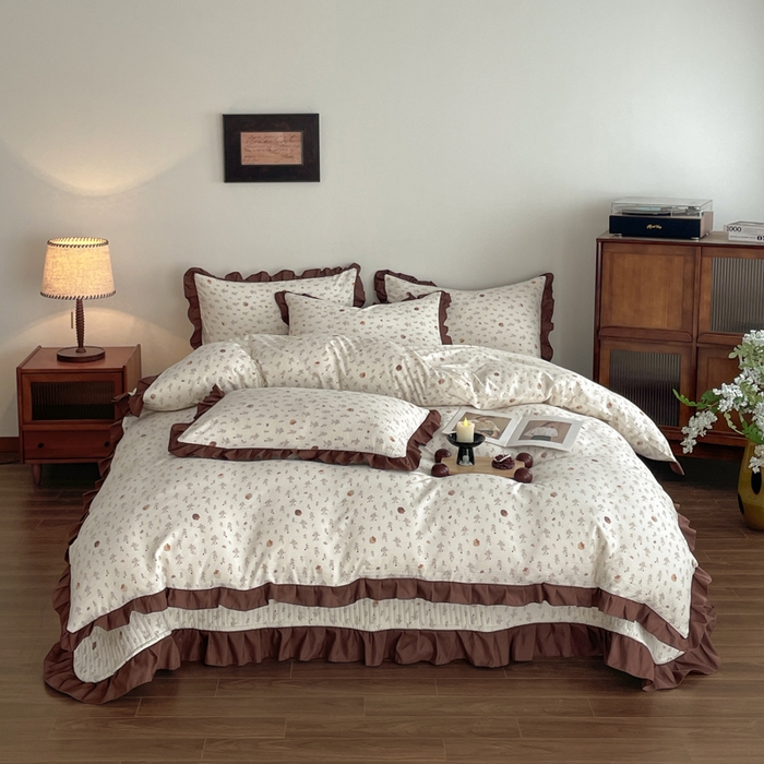 同田家纺 2026新款云感双层纱花边床盖四件套 床盖-栗子棕