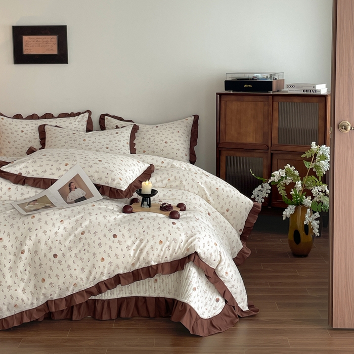 91家纺网 家纺一手货源 找家纺 同田家纺 2026新款云感双层纱花边床盖四件套 床盖-栗子棕