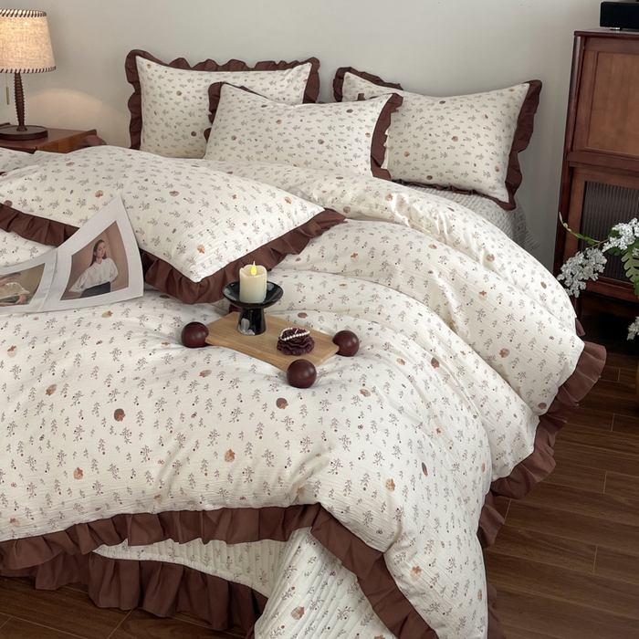 91家纺网 家纺一手货源 找家纺 同田家纺 2026新款云感双层纱花边床盖四件套 床盖-栗子棕