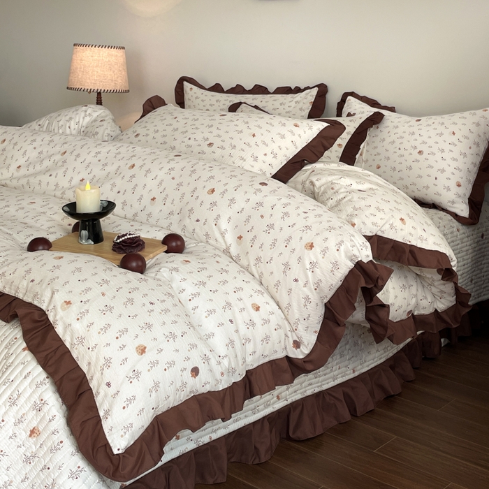 91家纺网 家纺一手货源 找家纺 同田家纺 2026新款云感双层纱花边床盖四件套 床盖-栗子棕