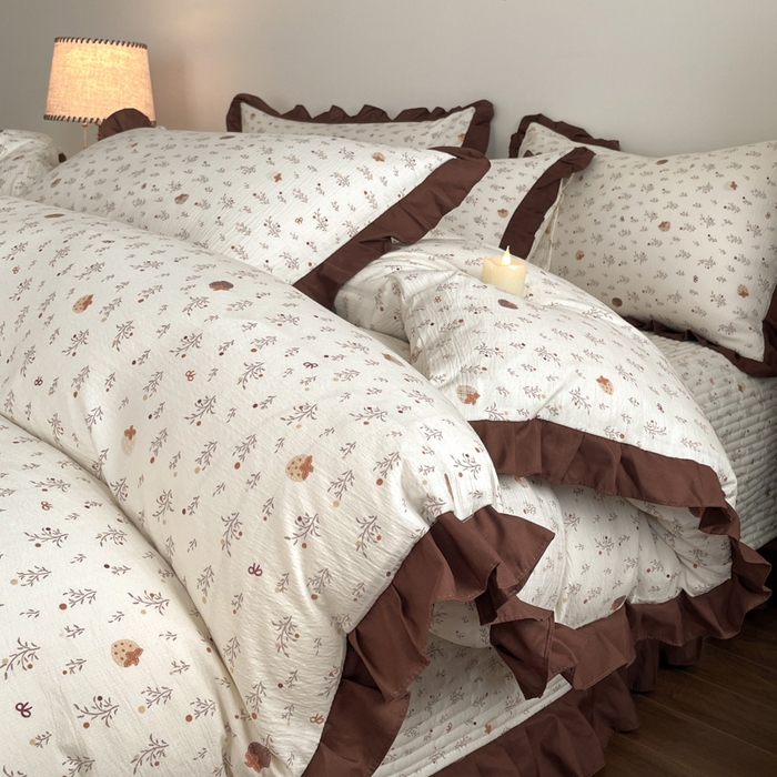 91家纺网 家纺一手货源 找家纺 同田家纺 2026新款云感双层纱花边床盖四件套 床盖-栗子棕