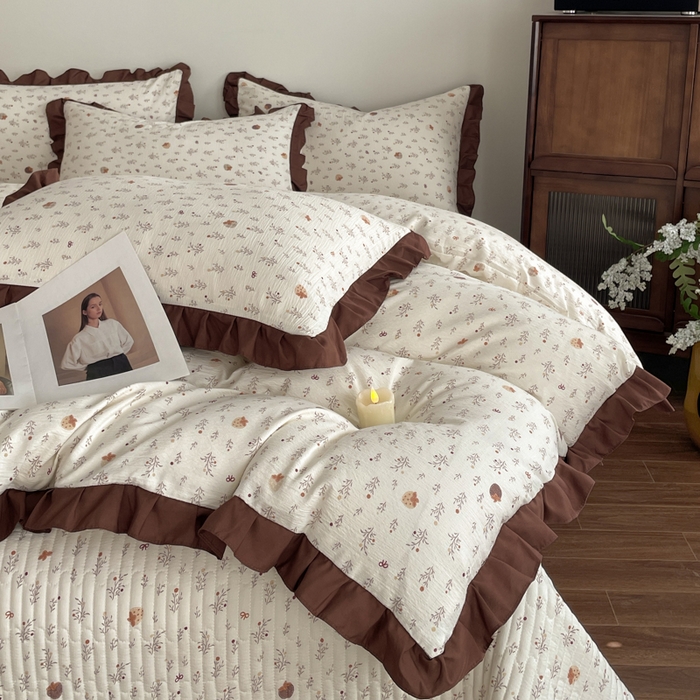 91家纺网 家纺一手货源 找家纺 同田家纺 2026新款云感双层纱花边床盖四件套 床盖-栗子棕