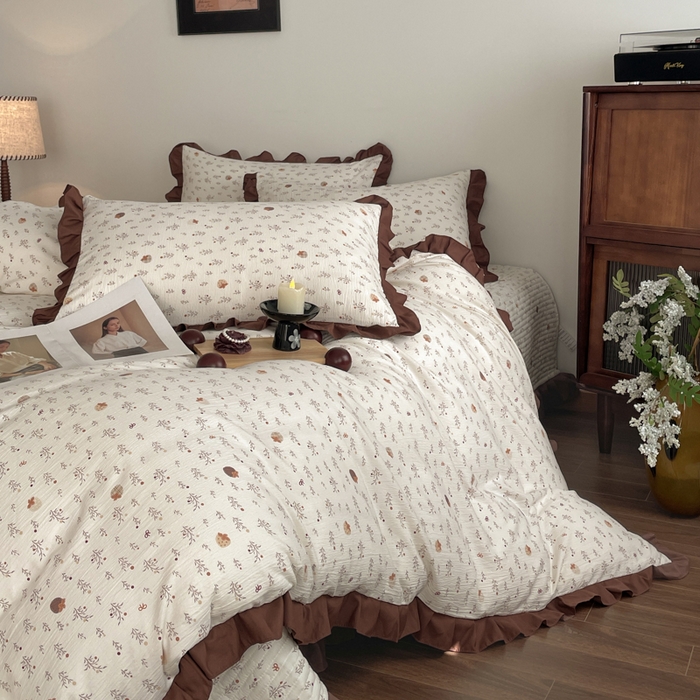 91家纺网 家纺一手货源 找家纺 同田家纺 2026新款云感双层纱花边床盖四件套 床盖-栗子棕