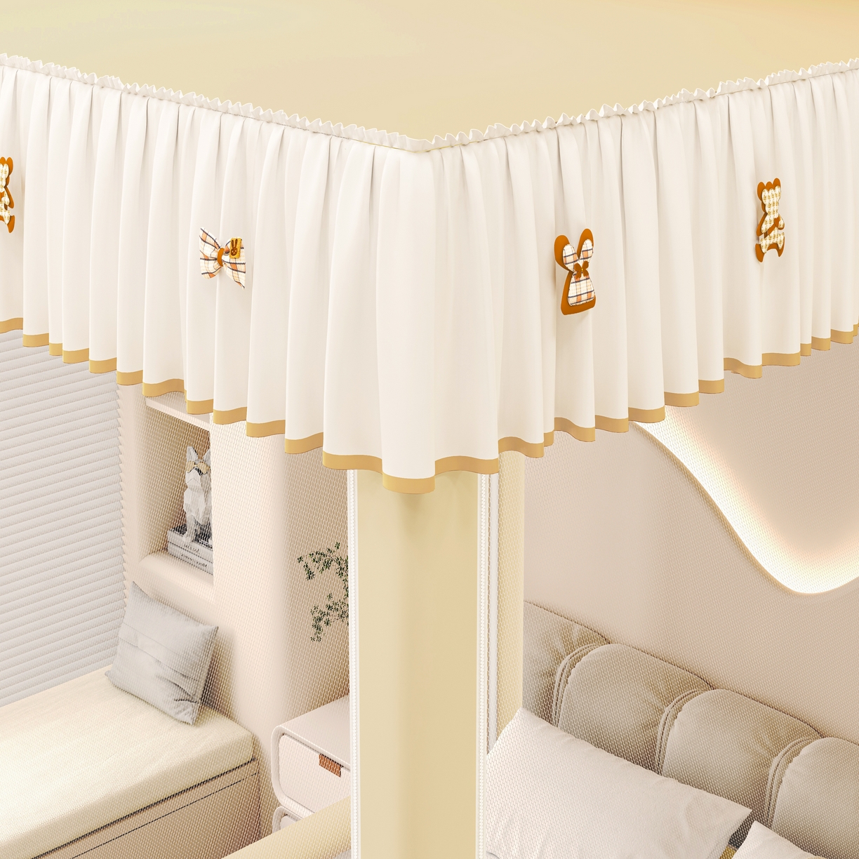 91家纺网 家纺一手货源 找家纺 初心家纺 2026新款时尚ins拉链式防摔坐床 床帘款遮光蚊帐 米黄（无帘）