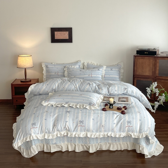 同田家纺 2026新款云感双层纱花边床盖四件套 床盖-梦幻蓝