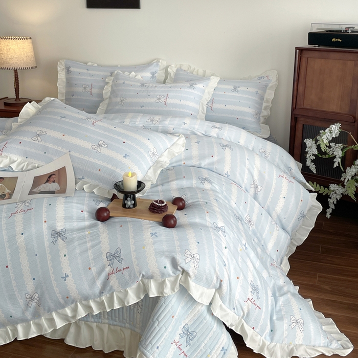 91家纺网 家纺一手货源 找家纺 同田家纺 2026新款云感双层纱花边床盖四件套 床盖-梦幻蓝