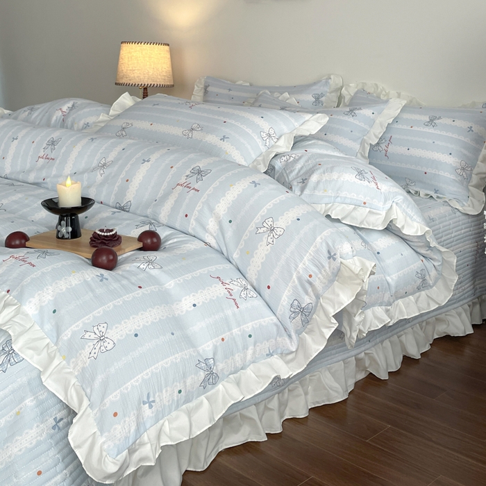 91家纺网 家纺一手货源 找家纺 同田家纺 2026新款云感双层纱花边床盖四件套 床盖-梦幻蓝