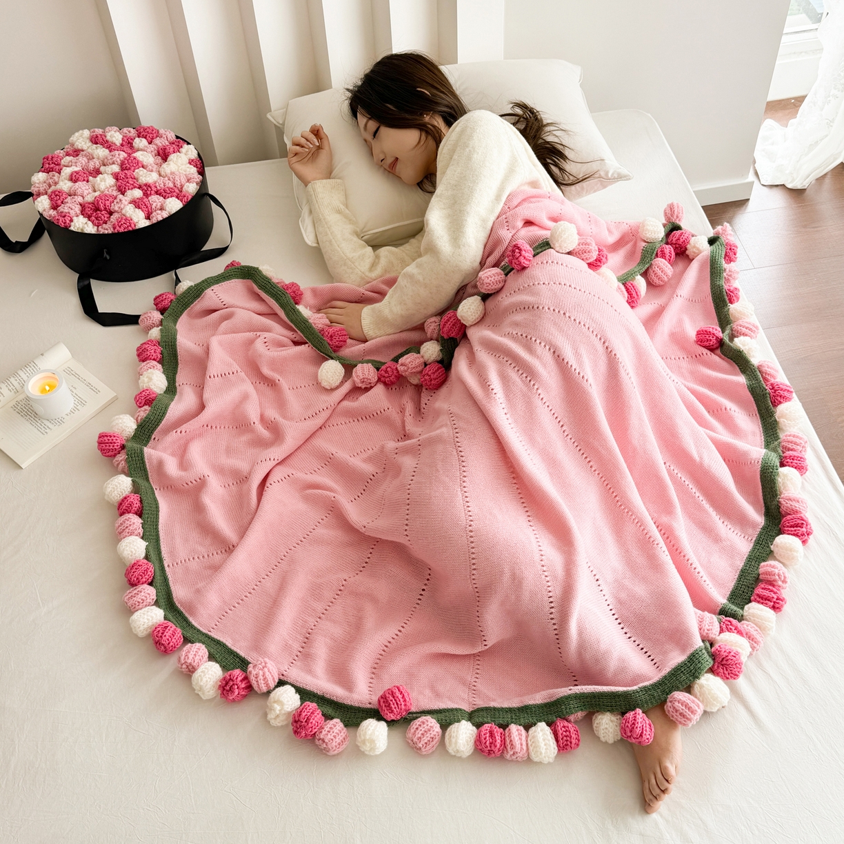 91家纺网 家纺一手货源 找家纺 丹本家纺 2026新款送礼神器网红直播热款玫瑰花束毯多功能毛毯盖毯 永绽花束-粉雾渐变